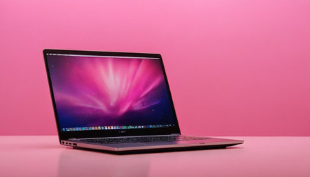 Laptop on a pink background with a purple screen. Close-up.の素材