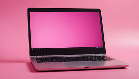 Laptop with pink screen on a pink background with copy space.の素材