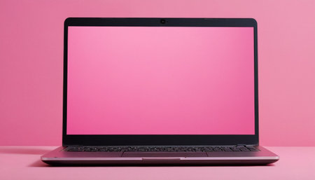 Laptop with pink screen isolated on pink background. Close up.の素材