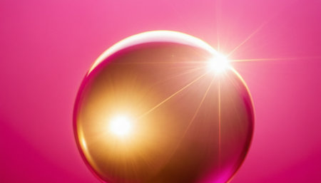 golden ball on a pink background with rays of light and lens flareの素材