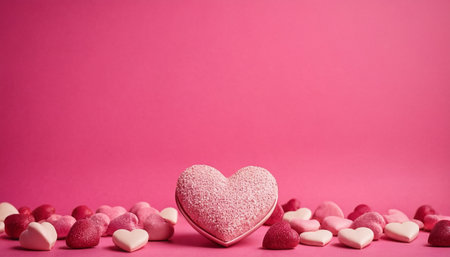 Valentine's day background with hearts and candies on pink backgroundの素材
