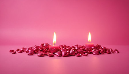Two burning candles on a pink background. Valentine's Day concept.の素材