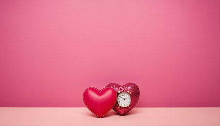 Valentine's day background with heart and alarm clock on pink backgroundの素材