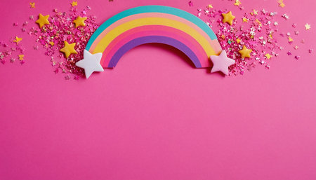 Rainbow and stars on a pink background, top view, copy spaceの素材