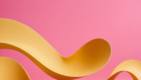 Abstract curved yellow ribbon on pink background. Minimalistic concept.の素材