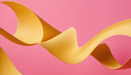 Curved yellow paper on pink background. Minimalistic design.の素材