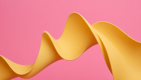 Yellow paper wave on pink background. Minimalist design concept.の素材