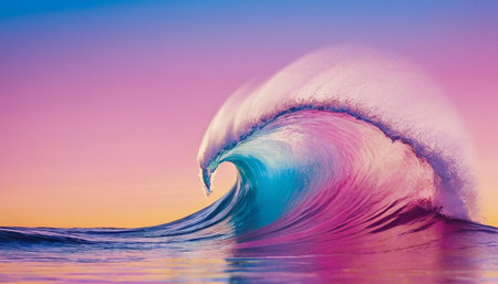 Surfing ocean wave at sunset. Blue and pink colors. 3D Renderingの素材