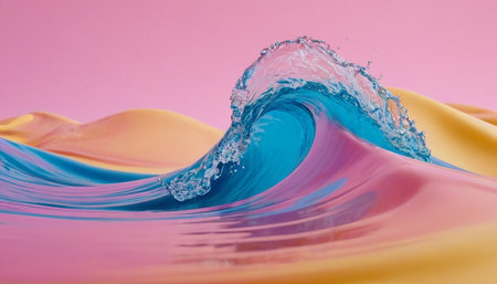 Colorful water splash isolated on pink background. Abstract water wave.の素材
