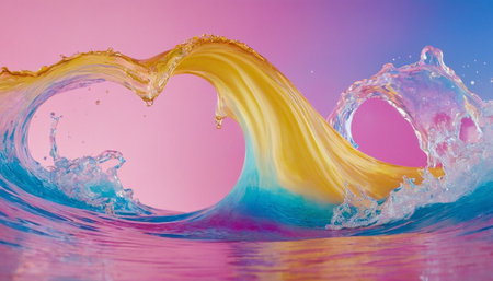 Splash of orange and yellow water on a pink background. Abstract backgroundの素材