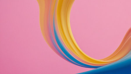 Abstract background from multi-colored curved lines on a pink background.の素材