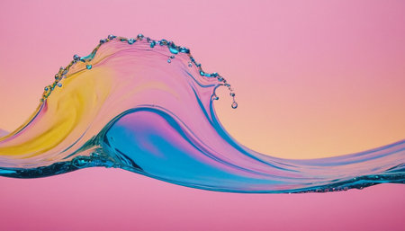Splash of water with bubbles on a pink and blue background.の素材
