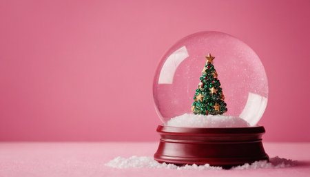 Snow globe with Christmas tree on pink background. Copy space for your text.の素材