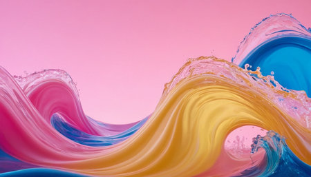 abstract background of colored paint splashing on a pink background.の素材