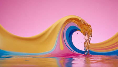Splash of colorful liquid on a pink background. Abstract background.の素材