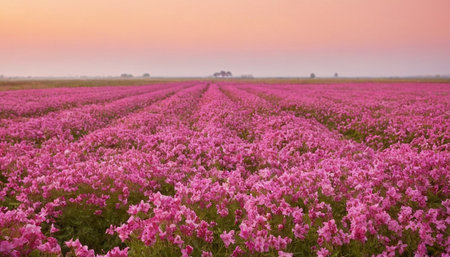Potato field with pink flowers at sunset, panoramic viewの素材