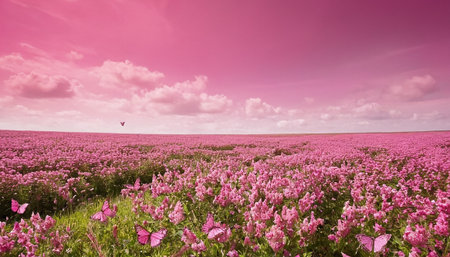 Field of pink flowers with blue sky and white clouds in background.の素材