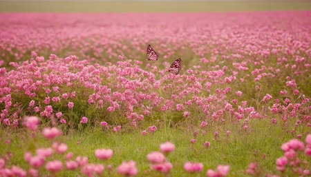 Butterflies on a pink cosmos flower field in springtime.の素材