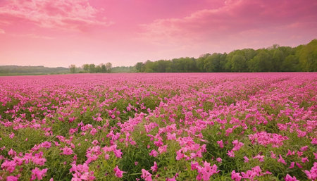 Field of pink flowers in a sunny day in spring, panoramic viewの素材