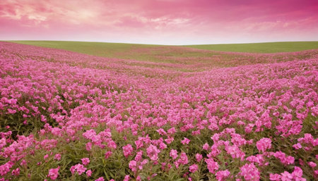 Field of pink flowers with the sky in the background. Spring landscape.の素材