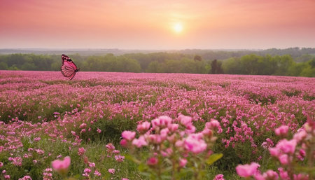Beautiful pink cosmos flower field and butterfly in the sunset time.の素材