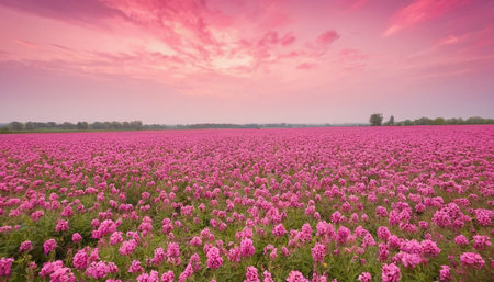 Field of pink flowers at sunset. Colorful sky with clouds.の素材