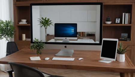 Side view of modern workplace with computer and other items on wooden tableの素材