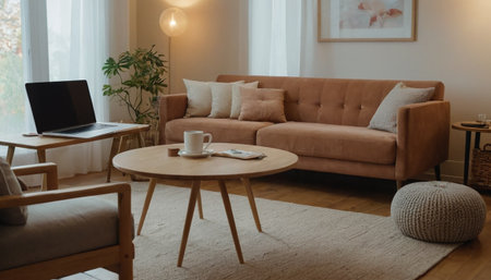 Modern living room interior with sofa, coffee table, coffee cup and laptopの素材
