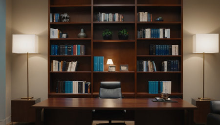 Interior of a modern office with bookshelves and a deskの素材