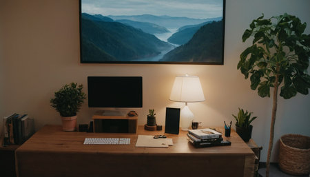 Modern home office interior. Workplace with computer, laptop, tablet, coffee cup and other objects.の素材