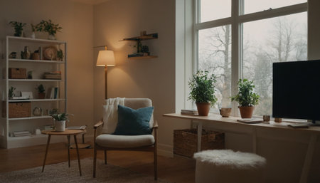 Living room interior with armchair, table, bookshelf and windowの素材