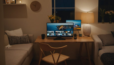 Front view of a computer on a desk in living room at nightの素材