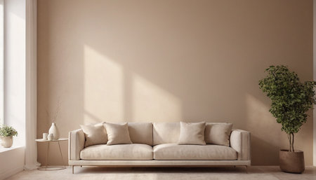 interior with sofa 3d render illustration mock up on the wallの素材
