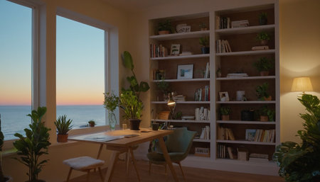 Cozy living room by the sea with bookshelves and plants.の素材