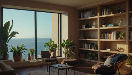 Interior of modern living room with panoramic window overlooking the seaの素材