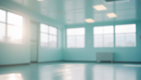 Blurred background of empty office with large windows and blue ceiling.の素材