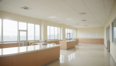 Blurred image of reception desk in modern office building for background usage.の素材