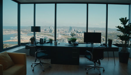 Modern office interior with panoramic city view. Nobody inside.の素材