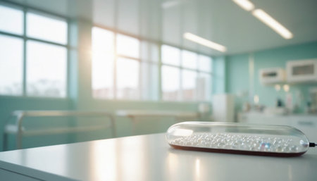 Closeup LED lamp on white table in modern hospital room. Blurred background.の素材