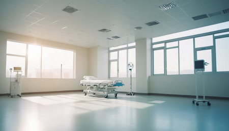 Empty hospital ward with equipment and patient bed. 3d rendering toned imageの素材