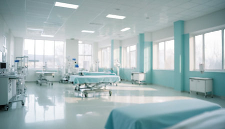Blurred background of hospital ward with empty bed, focus on foreground.の素材