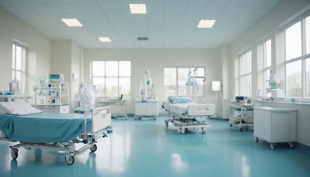Blurred image of hospital corridor with patient bed and medical equipment.の素材