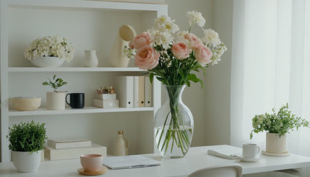 Interior of modern living room with white furniture, bookshelf and flowersの素材