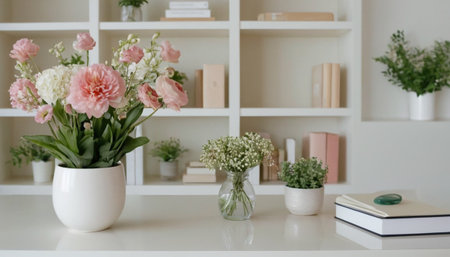 Flowers in vase on white table in living room, stock photoの素材