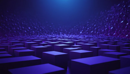 3d render, abstract background with blue cubes and glowing neon lightsの素材