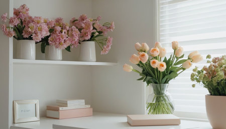 Flowers in vase on white shelf in room with window blindsの素材