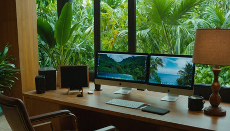 Workplace with computer, laptop, coffee cup and plant on wooden tableの素材