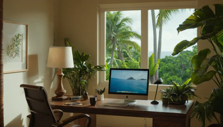 Laptop on a desk in a room with palm trees and plantsの素材