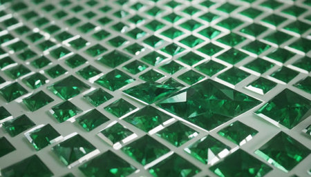 Green diamonds on a metal lattice. Close-up. Macro.の素材