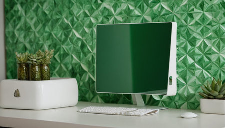Green screen computer on the desk in modern office with green wall backgroundの素材